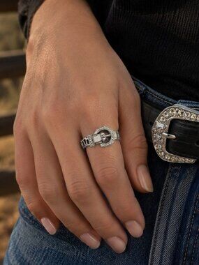 New Artisan Rhodium Plated 6.5-7 Horseshoe Belt Buckle Ring Rhinestones Western